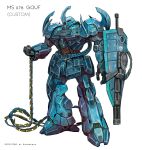  absurdres arm_at_side arm_shield artist_name character_name clenched_hand commentary english_commentary full_body gatling_gun gouf_custom gundam gundam_08th_ms_team highres mecha mecha_focus mobile_suit no_humans one-eyed_mecha original red_eyes redesign robot science_fiction shield simple_background solo standing subakeye twitter_username whip white_background zeon 
