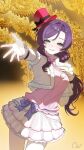  1girl absurdres bow commentary_request cropped_jacket fur-trimmed_jacket fur_trim green_eyes grin hat highres jacket layered_skirt long_hair looking_at_viewer love_live! love_live!_school_idol_project mini_hat pink_shirt purple_bow purple_hair reaching reaching_towards_viewer shirt short_sleeves signature skirt smile snow_halation solo tilted_headwear tojo_nozomi white_jacket white_skirt xi_cccii 