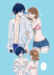  ! !! +++ ... 1boy 1girl ^^^ back bikini bikini_top_only black-framed_eyewear blue_background blue_eyes blue_hair blue_shorts blue_swim_trunks blue_trim blush bottle bottle_to_cheek brown_eyes brown_hair collarbone commentary_request cowboy_shot cropped_legs denim denim_shorts earrings eyewear_on_head flipped_hair flying_sweatdrops frayed_clothes front-tie_bikini_top front-tie_top grey_hoodie hair_over_one_eye halterneck hand_on_another's_arm highres holding holding_bottle hood hood_down hoodie ikuya_kawaii jewelry looking_at_another multiple_views navel official_alternate_costume one_eye_closed open_clothes open_hoodie open_mouth pectorals persona persona_3 persona_3_reload pink_bikini pink_nails short_hair short_shorts shorts smile spoken_ellipsis stomach stud_earrings sunglasses surprised swimsuit takeba_yukari upper_body water_bottle yuuki_makoto_(persona_3) 