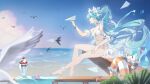  1girl absurdres aqua_eyes aqua_hair aqua_nails beach bikini breasts commentary_request cup day drinking_glass fingernails floating_hair food fruit hand_on_own_thigh hatsune_miku highres holding holding_paper_airplane ice_cream long_hair macaron nail_polish navel ocean outdoors paper_airplane parfait parfait_glass sitting solo starfish stomach strawberry strawberry_slice swim_ring swimsuit toenail_polish toenails toes twintails very_long_hair vocaloid white_bikini zuiai_gongzhu_dianxia 