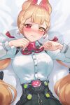  1girl alice_thymefield animal_ears bed_sheet blonde_hair blush breasts closed_mouth commentary_request condom condom_wrapper embarrassed hair_ornament heterochromia highres large_breasts long_hair looking_at_viewer lying on_back on_bed rabbit_ears rabbit_girl red_eyes shiro_font shirt solo sphere_hair_ornament sweat twintails twitter_username white_shirt yellow_eyes zenless_zone_zero 