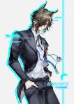  1boy absurdres animal_ears arknights belt black_belt black_jacket black_pants brown_hair cat_boy cat_ears chinese_commentary collared_shirt commentary_request cosplay cowboy_shot drop_shadow gekkoukan_high_school_uniform grey_background hair_over_one_eye hands_in_pockets headphones highres jacket jinggai_xingren long_sleeves looking_at_viewer male_focus mp3_player neck_ribbon pants persona persona_3 phantom_(arknights) ribbon school_uniform shirt short_hair solo white_shirt yellow_eyes yuuki_makoto_(persona_3) yuuki_makoto_(persona_3)_(cosplay) 