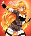  1girl ahoge bandana bandana_around_neck bandeau belt black_bandeau black_gloves blonde_hair blush breasts brown_belt brown_jumpsuit camouflage camouflage_jumpsuit cleavage clenched_hand clip_studio_paint_(medium) commentary deviantart_username ember_celica_(rwby) emphasis_lines english_commentary eyelashes fingerless_gloves gloves grin hair_between_eyes highres jumpsuit legs_apart long_hair one_eye_closed orange_background orange_bandana outstretched_arm patreon_username pouch purple_eyes rwby schrwby smile solo teeth thigh_pouch thigh_strap tumblr_username twitter_username very_long_hair yang_xiao_long 
