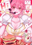  1girl ^_^ alien_stage breasts burger cleavage closed_eyes commentary food french_fries hair_between_eyes headset heart highres holding holding_tray microphone mizi_(alien_stage) nqc0m official_alternate_costume open_mouth puffy_short_sleeves puffy_sleeves shirt short_hair short_sleeves smile solo spoken_heart spoken_thumbs_up striped_clothes striped_shirt tray untranslatable_commentary vertical-striped_clothes vertical-striped_shirt waitress white_shirt yellow_eyes yellow_shirt 