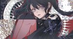  1girl abstract_background artist_name black_background black_dress black_hair black_jacket black_order_uniform black_thighhighs collared_jacket cross cross_print d.gray-man dress earrings feet_out_of_frame floral_background floral_print front_zipper hair_between_eyes high_collar hugging_own_legs jacket jewelry juliet_sleeves lenalee_lee lipgloss lips long_dress long_hair long_sleeves looking_at_viewer miyukiko multiple_persona parted_bangs pink_lips pink_thighhighs puffy_sleeves purple_eyes red_background sidelocks signature sitting solo striped_background striped_clothes striped_jacket stud_earrings thighhighs twintails twitter_username two-tone_background vertical-striped_clothes vertical-striped_jacket white_background zipper 