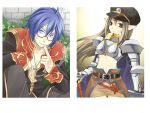  1boy 1girl armor belt black_coat black_eyes black_hat blue_cape blue_eyes blue_hair boobplate brown_hair brown_skirt cape cigarette closed_mouth coat commentary_request cowboy_shot cross cross_necklace finger_to_mouth gauntlets glasses gold_trim hat holding holding_cigarette jewelry long_hair long_sleeves looking_at_viewer midori126 midriff multicolored_coat navel necklace paladin_(ragnarok_online) pauldrons peaked_cap pointy_ears priest_(ragnarok_online) ragnarok_online red-framed_eyewear red_belt red_coat semi-rimless_eyewear short_hair shoulder_armor shushing skirt smile smoking two-tone_coat under-rim_eyewear 