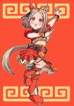  1girl animal_ears blonde_hair blush breasts commentary_request ear_covers frilled_wrist_cuffs frills highres horse_ears horse_girl horse_tail jacket looking_at_viewer medium_breasts midriff narita_top_road_(manpuku_ryutouden:_top)_(umamusume) narita_top_road_(umamusume) official_alternate_costume open_mouth purple_eyes red_jacket red_skirt red_socks red_wrist_cuffs shino_(ponjiyuusu) shirt short_hair short_sleeves single_ear_cover skirt socks solo standing standing_on_one_leg tail umamusume white_shirt wrist_cuffs 
