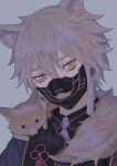  1boy animal animal_ear_fluff animal_ears animal_on_shoulder armor bishounen commentary_request earrings flower_knot fox fox_boy fox_ears grey_background grey_hair hair_between_eyes head_tilt highres japanese_armor jewelry looking_to_the_side magatama magatama_earrings male_focus mask mouth_mask nakigitsune necktie simple_background sola0316 solo tassel touken_ranbu upper_body yellow_eyes 