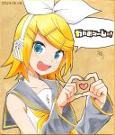  1girl 2024 blonde_hair blue_eyes bow commentary_request dated detached_sleeves fang flat_chest four-finger_heart_hands grey_sailor_collar grey_sleeves hair_bow hair_ornament hairclip headphones headset heart heart_hands kagamine_rin looking_at_viewer marker_(medium) neckerchief open_mouth parallel_hairclips sailor_collar shirt short_hair sleeveless sleeveless_shirt solo speech_bubble sudachi_(calendar) traditional_media treble_clef vocaloid white_bow white_shirt yellow_nails yellow_neckerchief yellow_trim 