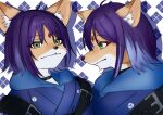  1girl absurdres ahoge animal_ear_fluff animal_ears argyle_background belt_buckle belt_collar black_sailor_collar blue_kimono blue_streaks bob_cut body_fur brown_fur buckle cho_kaguya-hime! closed_mouth collar commentary_request drop_shadow etoshi eyeliner forehead_jewel fox_ears fox_girl furrification furry furry_female gem green_eyes highres hood hood_down japanese_clothes kimono looking_at_viewer makeup middle_part multicolored_hair multiple_views portrait profile purple_hair red_eyeliner red_gem sailor_collar sakayori_iroha sakayori_iroha_(tsukuyomi) short_hair sidelocks snout streaked_hair two-tone_fur white_background white_fur 