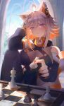 1girl ahoge animal_ears arched_window artist_name bishop_(chess) black_leotard black_sleeves black_thighhighs board_game breasts chess chess_piece chessboard cleavage colored_inner_animal_ears commentary crossed_bangs demenishki detached_sleeves double-parted_bangs elbow_on_knee english_commentary facial_mark fingernails fluffy_tail hand_in_own_hair hand_on_own_head highres holding holding_chess_piece indie_virtual_youtuber indoors king_(chess) large_breasts leotard multicolored_hair nail_polish name_tag orange_hair orange_nails parted_bangs pawn_(chess) playing_chess purple_eyes red_panda_ears red_panda_girl red_panda_tail rook_(chess) second-party_source see-through_cleavage see-through_clothes sidelocks tail teeth thighhighs virtual_youtuber whisker_markings white_hair window wolf_cut yonicchin 
