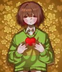  1other absurdres blush_stickers bob_cut brown_hair chara_(undertale) closed_mouth collared_shirt commentary downturned_eyes english_commentary flower green_sweater hair_between_eyes heart highres long_sleeves michi_mimi other_focus red_eyes red_soul_(utdr) shirt short_hair signature solo soul_(utdr) sweater undertale utdr_(toby_fox) white_shirt yellow_flower 