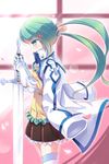  dexp frilled_skirt frills gauntlets green_eyes green_hair hair_ornament hairpin holding jacket jacket_on_shoulders long_hair petals pleated_skirt rotori skirt solo striped striped_legwear sword sword_girls thighhighs twintails weapon 