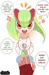  1boy 1girl absurdres artist_name colored_skin commentary english_commentary fingerless_gloves gloves green_hair green_skin highres horns kirlia multicolored_skin open_mouth out_of_frame pokemon pokemon_(creature) red_gloves sidelocks simple_background smile sparkle two-tone_skin white_background white_skin wittlemoew 