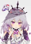  1girl absurdres amami_akari bandaged_arm bandages bare_shoulders bubble castorice_(honkai:_star_rail) commentary_request dress flower gloves grey_hair hair_flower hair_ornament highres honkai:_star_rail honkai_(series) long_hair mouth_hold pink_flower purple_eyes purple_gloves purple_hair ribbon solo tiara white_dress 