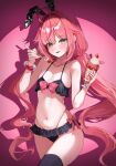  1girl ahoge alt_text animal_ears bikini black_bikini blush bow bow_bikini breasts commentary cowboy_shot cup danyoong english_commentary fake_animal_ears food frilled_bikini frills fruit green_eyes hair_intakes hanako_nana hands_up highres holding holding_cup holding_utensil long_hair looking_at_viewer low_twintails multi-strapped_bikini_bottom navel parfait parted_bangs parted_lips pink_background pink_bow pink_hair rabbit_ears shadow skindentation small_breasts smile solo spotlight standing stellive stomach strawberry swimsuit twintails very_long_hair virtual_youtuber wavy_hair whipped_cream 
