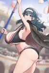  1girl absurdres adapted_costume arm_up armpits ass bare_arms black_buruma black_shirt blue_eyes blue_hair blush bra breasts buruma cleavage closed_mouth colosseum commentary_request female_byleth_(cheer_power)_(fire_emblem) female_byleth_(fire_emblem) fire_emblem fire_emblem:_three_houses fire_emblem_heroes flag gonzarez hair_between_eyes hand_up headband highres holding holding_javelin huge_breasts jacket jacket_on_shoulders javelin_(spear) long_hair navel outdoors panties pink_bra pink_panties revealing_clothes shirt sideboob skindentation sky stomach thick_thighs thighs track_jacket underboob underwear white_headband 