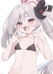  1girl :d absurdres alternate_costume bikini black_bikini black_flower blue_archive blush breasts collarbone commentary_request eyebrows_hidden_by_hair fang flower grey_hair hair_between_eyes hair_flower hair_ornament halo halterneck hands_up happy highres long_hair looking_at_viewer mutsuki_(blue_archive) navel open_mouth outstretched_hand red_eyes red_halo side_ponytail simple_background skin_fang small_breasts smile solo sonoji stomach swimsuit thick_eyebrows underboob upper_body v very_long_hair white_background 
