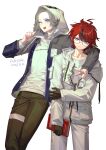  2boys ahoge aotsuki_eito arm_around_neck artist_name black_gloves black_hair black_pants blue_eyes blue_jacket chinese_commentary closed_mouth collarbone commentary_request cosplay costume_switch cowboy_shot crossed_arms drawstring film_grain glasses gloves grey_hair grey_jacket h_ikenuma hair_between_eyes highres holding hood hood_down hood_up hoodie jacket jacket_over_hoodie lapels long_sleeves looking_at_viewer male_focus multicolored_hair multicolored_jacket multiple_boys open_clothes open_jacket pants pocket red_hair rimless_eyewear short_hair signature simple_background smile standing streaked_hair sumino_takumi teeth the_hundred_line_-last_defense_academy- two-tone_hair two-tone_jacket upper_teeth_only v white_background white_hoodie white_jacket white_pants zipper_pull_tab 