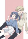  1girl black_legwear blonde_hair blue_hair brother_and_sister brown_eyes clannad hikarizaka_private_high_school_uniform long_hair school_uniform short_hair siblings sunohara_mei sunohara_youhei takumi_(scya) twintails 