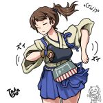  2girls apron artist_logo blue_hakama brown_gloves brown_hair closed_eyes commentary_request cowboy_shot dancing gloves hakama highres japanese_clothes kaga_(kancolle) kantai_collection kimono logo long_hair multiple_girls muneate partially_fingerless_gloves side_ponytail simple_background single_glove solo_focus takakiyo_(nk1109r) tasuki white_background white_kimono yugake zui_zui_dance zuikaku_(kancolle) 
