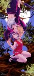  1boy 1girl black_eyes black_hair black_jacket black_pants blonde_hair blue_eyes boruto:_naruto_next_generations boruto_(series) branch dress facial_mark foliage full_moon hanging high_heels holding holding_another's_wrist holding_sword holding_weapon imminent_kiss jacket katana kneeling looking_at_another midriff moon naruto_(series) night okamine_yuiko outdoors pants red_dress red_eyes shirt short_hair sky sleeveless star_(sky) starry_sky sword tree uchiha_sarada upside-down uzumaki_boruto weapon whisker_markings white_shirt 