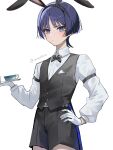  1boy alternate_costume animal_ear_hairband animal_ears arm_at_side arm_belt belt belt_buckle black_hair black_hairband black_shorts black_vest blue_vest blunt_ends blush breast_pocket bright_pupils buckle bunny_day butler closed_mouth collared_shirt colored_inner_hair commentary_request contemporary cowboy_shot cup dress_shirt eyeliner fake_animal_ears formal_clothes genshin_impact gloves grey_belt hairband hand_on_own_hip hand_up highres holding holding_tray long_sleeves looking_at_viewer makeup male_focus multicolored_hair pocket purple_eyes purple_hair rabbit_ears red_eyeliner scaramouche_(genshin_impact) shirt shorts snow20200 solo teacup tray tuxedo twitter_username two-sided_vest undershirt vest white_background white_gloves white_pupils white_shirt white_sleeves wing_collar wispy_bangs 
