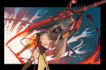  1girl alpha:_inverse_crown_(pgr) alpha_(pgr) arm_up asymmetrical_horns bbbrush black_border black_horns border breasts closed_mouth commentary dutch_angle grey_hair hair_between_eyes heterochromia highres holding holding_sword holding_weapon horns long_hair looking_at_viewer mechabare mechanical_arms mechanical_hands mechanical_legs medium_breasts midriff mismatched_horns multicolored_hair navel orange_eyes punishing:_gray_raven red_eyes red_horns red_streaks sidelocks single_mechanical_leg solo standing streaked_hair sword very_long_hair weapon 
