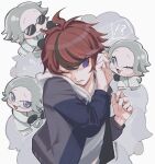  !? 4boys :3 ahoge aotsuki_eito arm_up black_gloves black_streaks blue_eyes chibi commentary_request eating_hair flying_sweatdrops glasses gloves grey_hair grey_jacket hand_up highres hood hoodie jacket jacket_over_hoodie male_focus mau_(maizokin_mau) multicolored_hair multiple_boys multiple_persona one_eye_closed open_clothes open_jacket purple_eyes red_hair short_hair smile sparkling_eyes streaked_hair sumino_takumi sunglasses sweatdrop the_hundred_line_-last_defense_academy- twitter_username two-tone_hair white_background white_hoodie white_jacket 