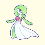  1girl absurdres binnybun bob_cut colored_skin commentary dress gardevoir green_hair green_skin hair_over_one_eye highres looking_at_viewer multicolored_skin pink_eyes pokemon pokemon_(creature) pokemon_focus simple_background two-tone_skin white_background white_dress white_skin 