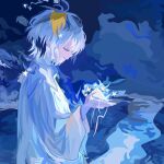  1boy abstract_background absurdres blonde_hair closed_eyes closed_mouth cloud commentary_request floating floating_object from_side highres kurokawa_gonshi long_sleeves male_focus multicolored_hair night original shirt short_hair smile solo star_(symbol) white_hair white_shirt 