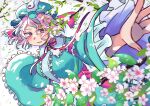  1girl blue_hat blue_kimono cherry_blossoms flower frilled_kimono frills hat highres hitodama japanese_clothes kimono kingyo_isuzu mob_cap pink_eyes pink_hair saigyouji_yuyuko sleeve_garter solo touhou triangular_headpiece white_flower 