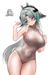  2girls absurdres animal_ears aqua_hair arcane_(arknights) arknights arknights:_endfield bare_arms bare_shoulders bird_ears bird_girl blue_eyes blush breasts closed_mouth commentary endministrator_(arknights) eye_mask female_endministrator_(arknights) forehead_jewel gradient_hair grey_hair grey_leotard highres large_breasts leotard long_hair looking_to_the_side mask multicolored_hair multiple_girls own_hands_together parted_bangs ponytail short_hair tongue tongue_out two-tone_hair very_long_hair wawamachi 