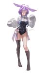  1girl :d absurdres animal_ears antenna_hair asymmetrical_legwear black_leotard blue_hair blush breasts cropped_sweater fishnet_pantyhose fishnets floppy_ears full_body glasses gradient_hair hair_between_eyes highres indie_virtual_youtuber leotard long_sidelocks looking_at_viewer lop_rabbit_ears michi_mochievee michi_mochievee_(bunny) multicolored_hair open_mouth pantyhose patchwork_skin price_tag purple_hair rabbit_ears rabbit_girl red_pupils ringed_eyes round_eyewear short_hair sidelocks single_fishnet_legwear smile solo stitched_face stitches streaked_hair sweater thighhighs thighs torn_clothes torn_thighhighs virtual_youtuber white_background white_hair white_sweater xiisalt yellow_eyes 