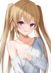  1girl ao_no_kanata_no_four_rhythm arisaka_mashiro armpit_crease blush breasts brown_hair cleavage closed_mouth clothes_pull collarbone commentary duplicate eyelashes eyes_visible_through_hair furrowed_brow hair_between_eyes hand_up highres kiki0319i long_hair long_sleeves looking_at_viewer purple_eyes shirt shirt_pull sidelighting sidelocks simple_background single_bare_shoulder small_breasts solo split_mouth straight_hair twintails upper_body very_long_hair wavy_mouth white_background white_shirt 