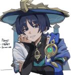  1boy aqua_gem arm_rest armor black_bodysuit black_bridal_gauntlets blue_cape blue_eyes blue_hat blue_jingasa blue_kimono blue_sleeves bodysuit bridal_gauntlets cape commentary_request covered_collarbone curled_fingers eyeliner feathers furisode gem genshin_impact gold gold_ring grey_pupils hand_on_own_arm hand_on_own_face hand_up hat japanese_armor japanese_clothes jingasa juban kimono kote kurokote layered_sleeves looking_at_viewer makeup male_focus mandarin_collar middle_ring nonoji_(nonoji_ekaki) open_clothes open_kimono open_mouth pom_pom_(clothes) portrait red_eyeliner scaramouche_(genshin_impact) short_sleeves shoulder_peek side_cape solo tsurime wanderer_(genshin_impact) watermark white_background white_kimono white_mouth white_sleeves yellow_feathers 