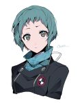  1girl black_jacket brown_eyes cropped_torso english_text gekkoukan_high_school_uniform green_hair highres jacket looking_at_another persona persona_3 school_uniform short_hair simple_background solo teketeke_(tasutekete) turtleneck white_background yamagishi_fuuka 