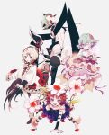  4girls aqua_hair bow bowtie double_finger_gun fang fav_(mahoiku) finger_gun fingernails flower_ornament forest_musician_cranberry_gaiden:_magical_girl_raising_project_unripe_duet frilled_skirt frills fukuroi_marika hair_ornament highres leaf_hair_ornament magical_daisy magical_girl mahou_shoujo_ikusei_keikaku maou_pam maruino multicolored_hair multiple_girls official_art one_eye_closed open_mouth orange_hair pechika_(mahoiku) purple_bow purple_bowtie purple_eyes red_eyes short_hair skirt smile third-party_source 