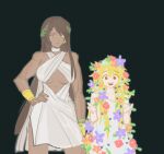  absurdres ancient_greek_clothes armband bare_legs bare_shoulders blonde_hair breasts brown_hair commentary dark-skinned_female dark_background dark_skin don_quixote_(project_moon) dress english_commentary greco-roman_clothes highres laurel_crown limbus_company long_hair medium_breasts outis_(project_moon) project_moon red_eyes sancho_(project_moon) simple_background single_off_shoulder sogumiszzayozza toned toned_female underboob vampire yellow_eyes 