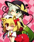  animal_ears bad_id bad_pixiv_id biting blonde_hair cat_ears checkered checkered_background ear_biting flandre_scarlet green_legwear grey_hair hat heart kemonomimi_mode komeiji_koishi multiple_girls one_eye_closed open_mouth red_eyes short_hair side_ponytail sorrau tears third_eye touhou wavy_mouth wings 