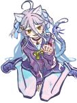  1girl absurdres ahoge animal_ear_fluff animal_ears between_legs black_choker blush bow bowtie cacaobath choker collarbone hand_between_own_legs henya_the_genius henya_the_genius_(school_uniform) highres indie_virtual_youtuber long_sleeves looking_at_viewer naughty_face on_floor open_mouth paw_pose pleated_skirt ribbon school_uniform serafuku shadow shoes simple_background sitting skirt solo tail wariza white_background white_hair yellow_bow yellow_eyes 