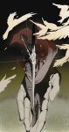  1boy archer_(fate) armor arrow_(projectile) bbbashong bow_(weapon) breastplate caladbolg_(fate) dark-skinned_male dark_skin drawing_bow fate/grand_order fate/stay_night fate_(series) fighting_stance highres holding holding_arrow holding_bow_(weapon) holding_weapon male_focus messy_hair shroud_of_martin solo spiked_hair weapon white_hair 