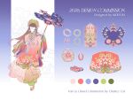  1girl ao_nhat_binh bracelet commission earrings faceless floral_background glasses green_pants hair_ornament highres holding holding_umbrella jewelry khan_van moizuki original pants patterned_clothing reference_sheet shoes umbrella vietnamese_clothes wide_sleeves 