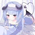  1girl absurdres blue_dress blue_hair blunt_bangs blush closed_mouth collarbone commentary commission cowboy_shot demon_girl demon_horns demon_tail demon_wings dress ear_piercing hair_intakes hair_ornament hairclip highres horns long_hair long_sleeves looking_at_viewer lying on_bed on_stomach original parallel_hairclips piercing pillow pointy_ears red_eyes satou_uyu sidelocks sleep_mask solo tail virtual_youtuber watermark watermark_grid wings 
