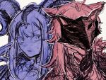  2girls absurdres animal_ears antenna_hair arknights bang_dream! bang_dream!_it's_mygo!!!!! commentary_request demon_horns hand_up highres horns lappland_(arknights) lappland_the_decadenza_(arknights) limited_palette long_sleeves looking_at_another medium_hair multiple_girls official_alternate_costume parted_lips sharp_teeth sidelocks simple_background smile sweatdrop teeth togawa_sakiko togawa_sakiko_(master_of_melodia) v v_over_mouth variant_set white_background wolf_ears wolf_girl yama_(hdvz4458) 