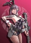  1girl absurdres animal_ear_hairband animal_ears ar-15 arm_tattoo assault_rifle bcm_mcmr black_hair black_leotard bow bowtie breasts cigarette commentary_request cowboy_shot detached_collar earlobe_stretcher earrings face_piercing fake_animal_ears fishnet_pantyhose fishnets gun gun_sling hairband hand_tattoo handgun highres holding holding_gun holding_weapon jewelry labret_piercing leotard multiple_moles_under_one_eye multiple_piercings nyo551 original pantyhose piercing pink_nails playboy_bunny rabbit_ear_hairband rabbit_ears red_background red_bow red_bowtie rifle simple_background slit_pupils smith_&amp;_wesson_m&amp;p smoking solo strapless strapless_leotard stud_earrings tactical_playboy_bunny tattoo trigger_discipline weapon white_wrist_cuffs wrist_cuffs yellow_eyes 
