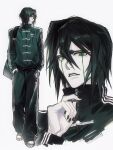 1boy alternate_costume bag black_hair black_lips black_nails bleach colored_skin commentary full_body green_eyes hair_between_eyes hands_in_pockets highres looking_at_viewer male_focus pale_skin pants shoulder_bag solo standing takenokoqvq teeth track_pants track_suit ulquiorra_cifer untranslatable_commentary white_skin zipper zipper_pull_tab 