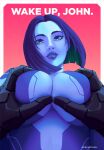  1boy 1girl absurdres artist_name blue_eyes blue_lips blue_skin bodypaint breasts colored_skin cortana english_text gauntlets grabbing_another's_breast groping halo_(series) highres hologram jafet_meza large_breasts lipstick makeup master_chief painted_clothes pov pov_hands short_hair signature 