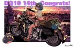  1girl bead_bracelet beads blue_eyes blue_hair blue_shorts blunt_bangs bob_cut border bracelet brown_gloves commentary_request denim denim_shorts dragon_quest dragon_quest_x english_text fingerless_gloves gloves goggles goggles_on_head highres himiko_(326ontheweb) jewelry license_plate looking_at_viewer looking_back looking_up motor_vehicle motorcycle official_alternate_costume on_motorcycle outdoors plant riding riding_motorcycle seraphy_(dq10) shirt shorts signature slime_(dragon_quest) smile solo_focus sunset thighlet vehicle_request vines white_border white_shirt 