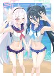  2girls absurdres alternate_costume aris_(blue_archive) armpits beach bikini black_hair black_hairband blue_archive blue_eyes blue_neckerchief blue_sailor_collar commentary_request frilled_bikini frills hair_between_eyes hairband halo hand_up highres holding_hands kei_(blue_archive) kei_(student)_(blue_archive) long_hair long_hair_between_eyes looking_at_viewer loosely_tucked_bangs multiple_girls nanafuji_kasuga navel neckerchief one_eye_closed pink_eyes pink_halo rectangular_halo red_neckerchief ringed_eyes sailor_collar shirt siblings sisters sleeveless sleeveless_shirt swimsuit twins twintails white_hair white_shirt 